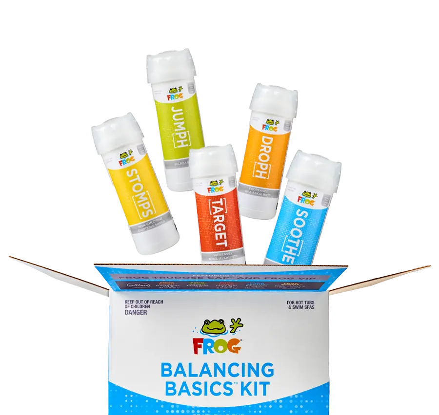 Open Balancing Basics™ Kit with hot tub supporting chemicals jumping out.