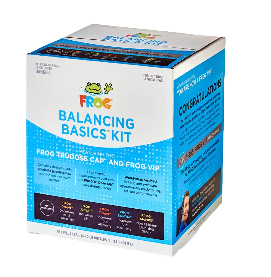 Balancing Basics™ Kit containing hot tub supporting chemicals, FROG VIP™, and Trudose Cap.