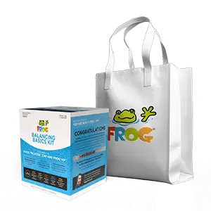 Balancing Basics™ Kit containing hot tub supporting chemicals, FROG VIP™, and Trudose™ Cap. Next to a white FROG bag.